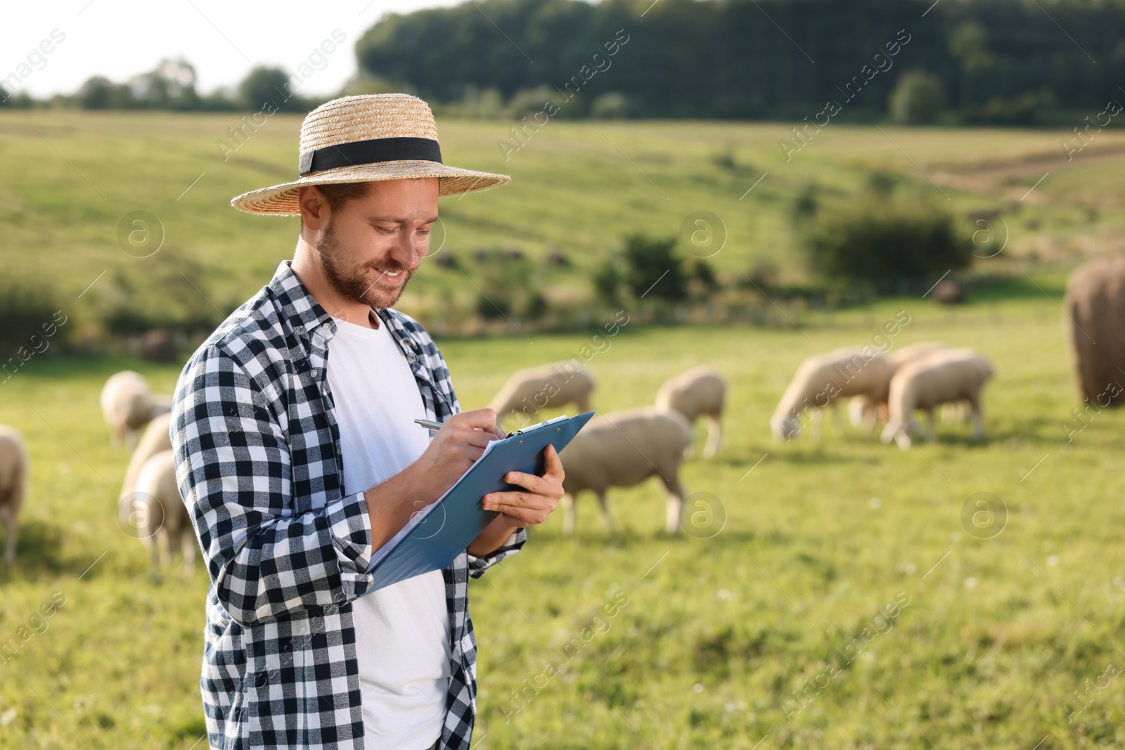 Photo of Smiling farmer with clipboard writing notes on pasture