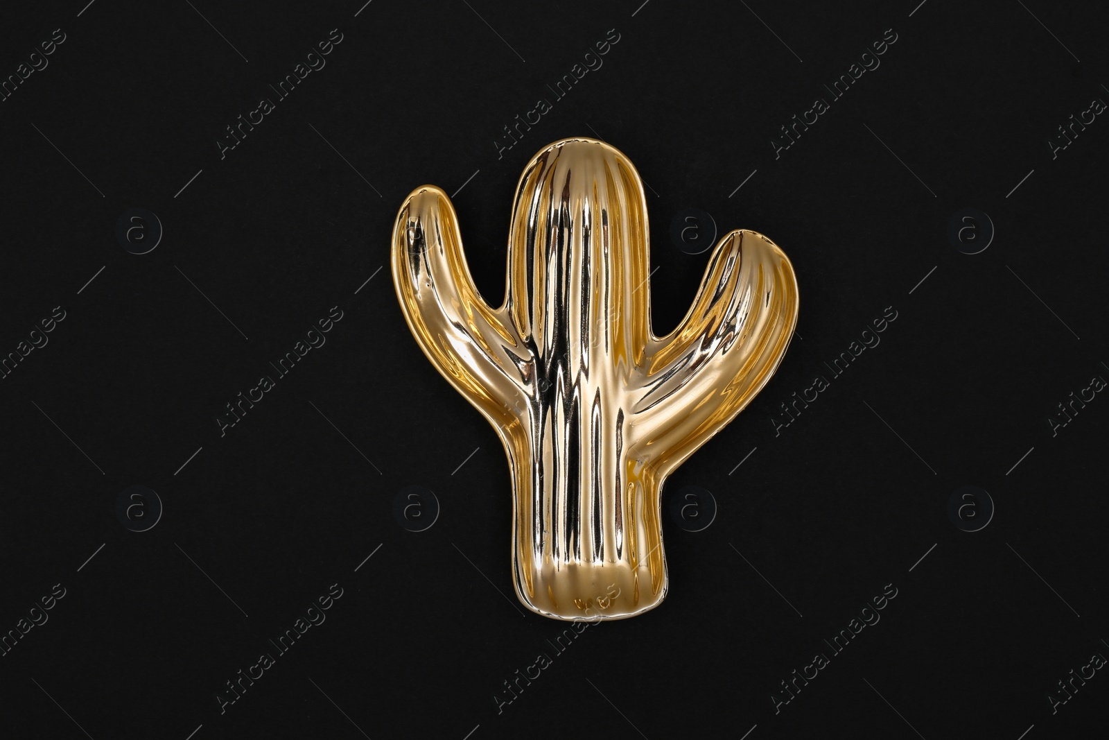 Photo of Gold cactus shaped bowl on black background, top view