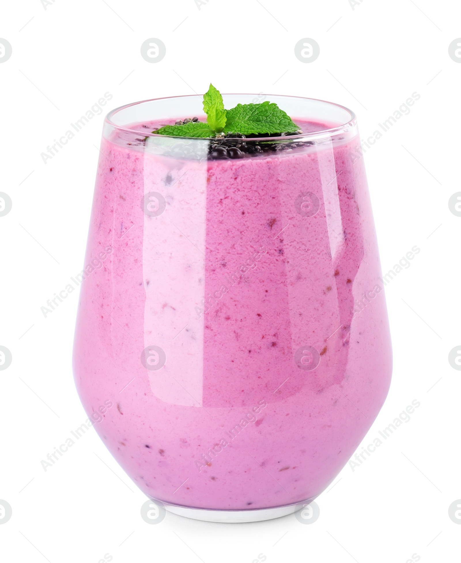 Photo of Delicious blackberry smoothie in glass on white background