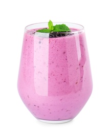 Photo of Delicious blackberry smoothie in glass on white background