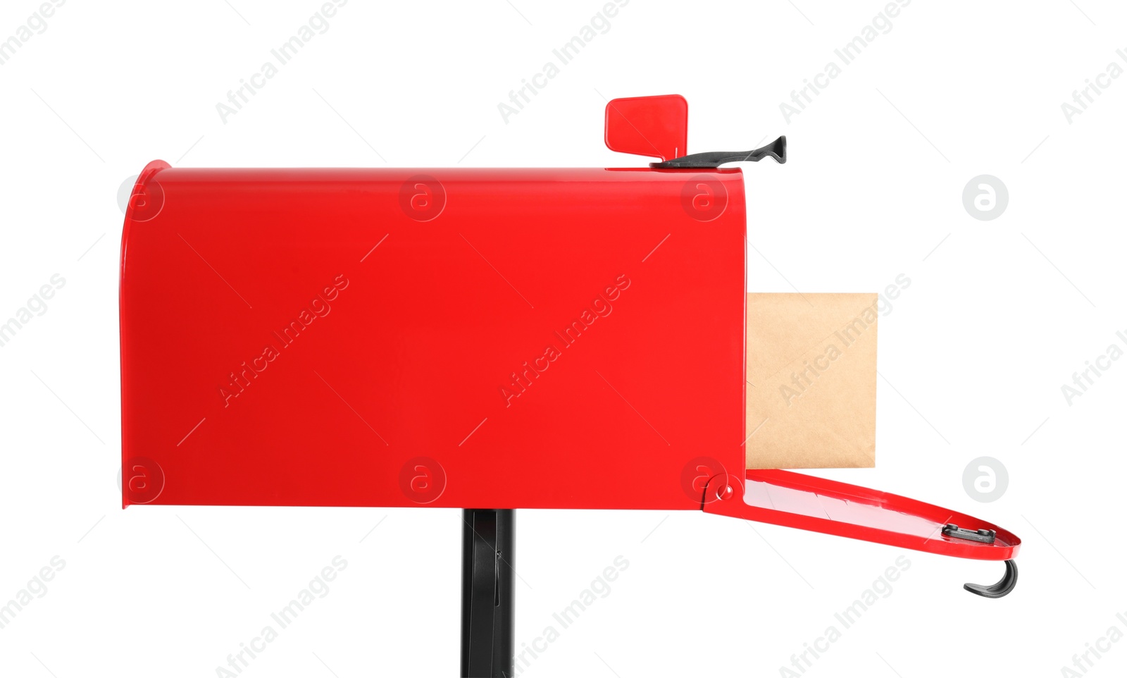 Photo of Open red letter box with correspondence on white background