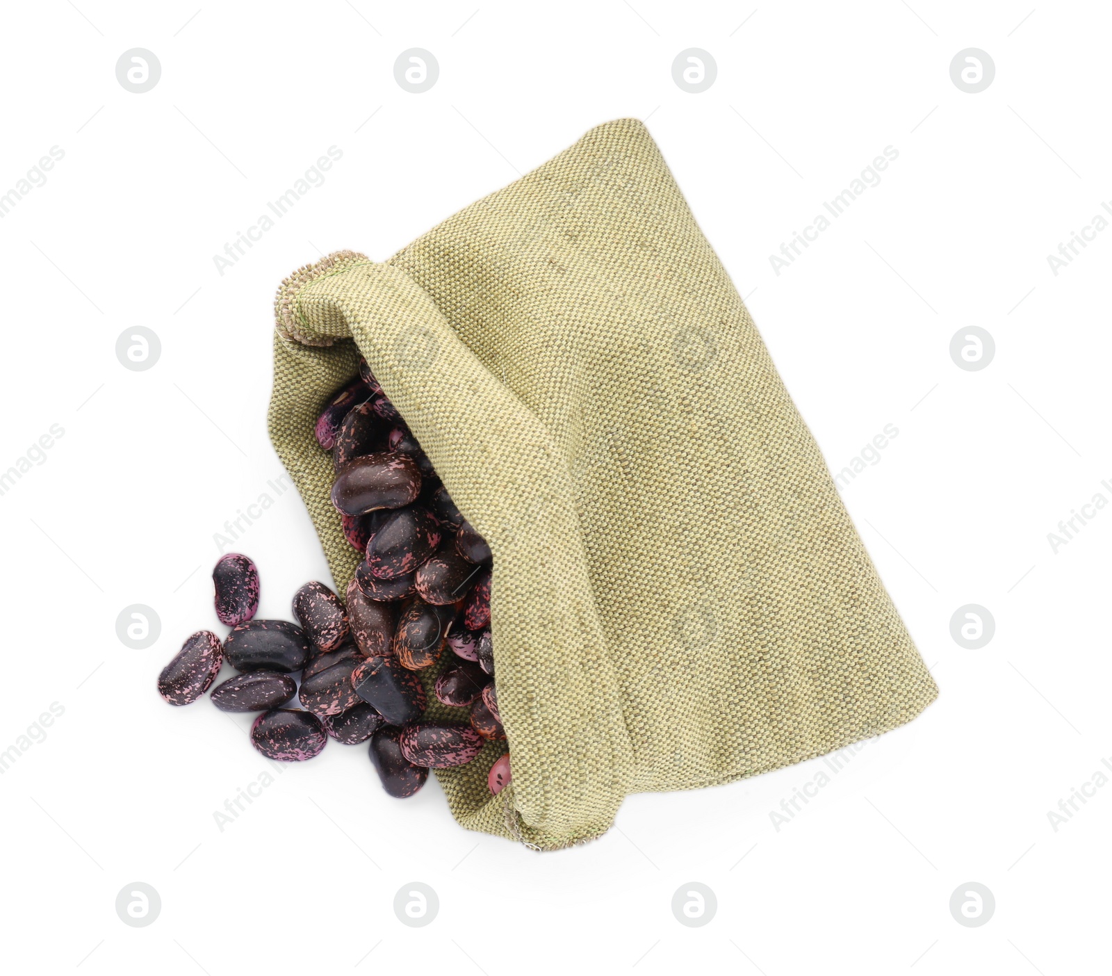 Photo of Overturned sack with dry kidney beans isolated on white, top view