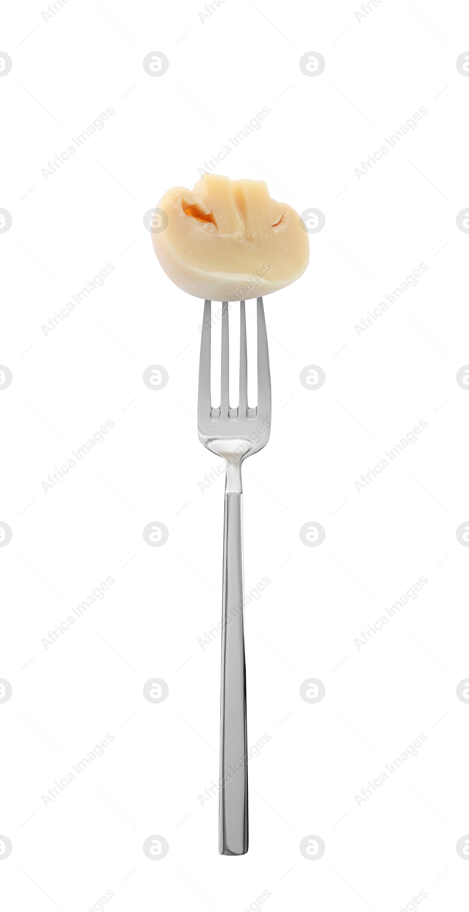 Image of Fork with marinated mushroom isolated on white