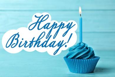 Image of Happy Birthday! Delicious cupcake with burning candle on blue wooden background