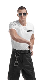 Male security guard with police baton on white background