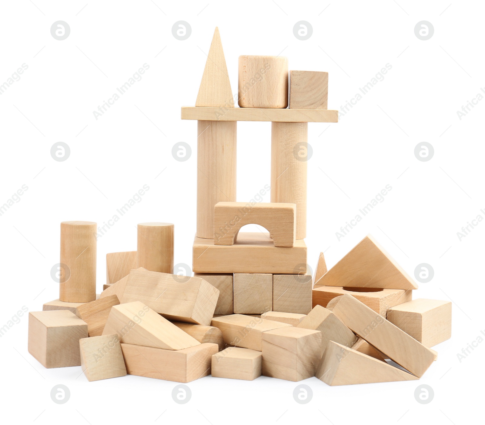 Photo of Building made of wooden blocks isolated on white. Children's toys