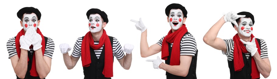 Image of Funny mime posing on white background, set of photos