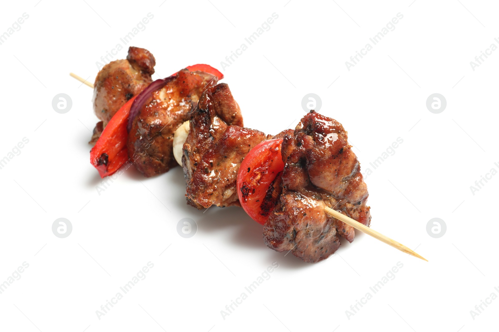 Photo of Delicious shish kebab with vegetables isolated on white