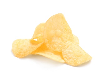 Photo of Tasty crispy potato chips on white background