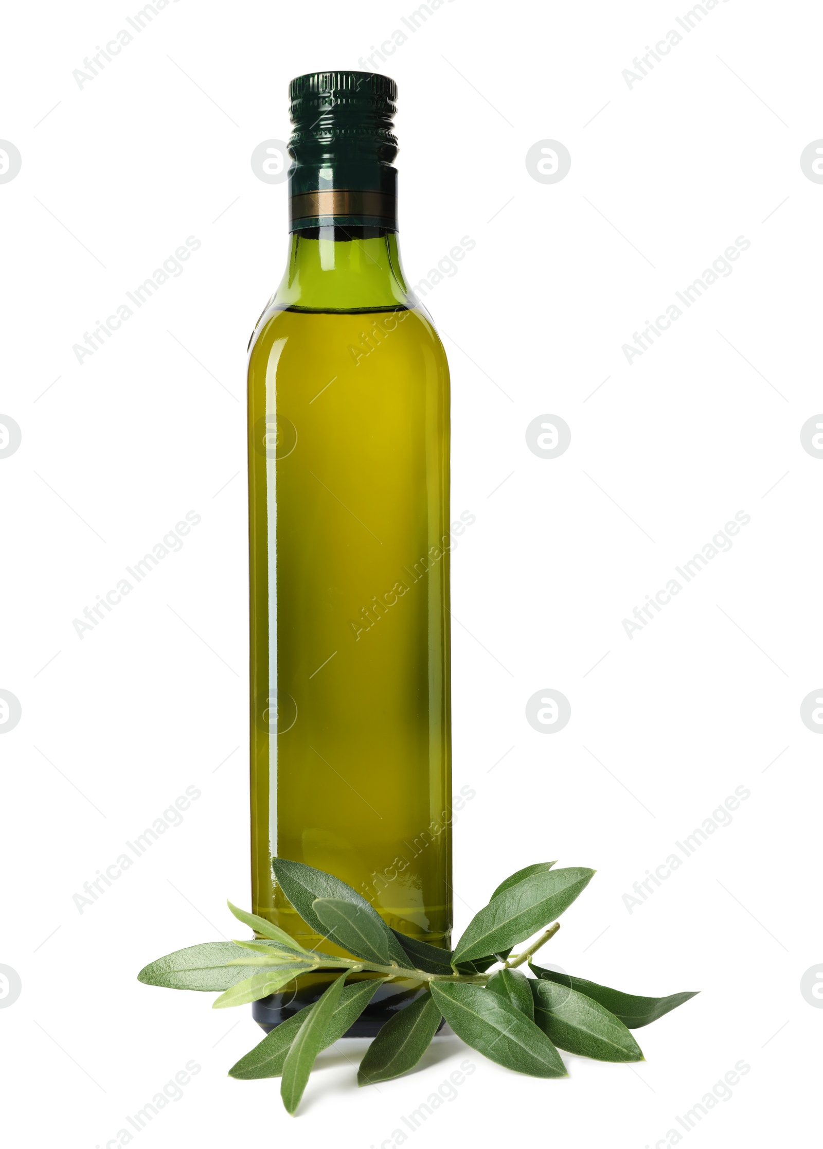 Photo of Glass bottle of oil and olive leaves on white background