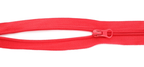 Photo of Red zipper on white background, top view