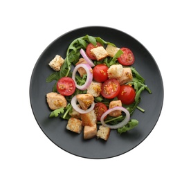 Photo of Delicious fresh chicken salad with vegetables and croutons isolated on white, top view