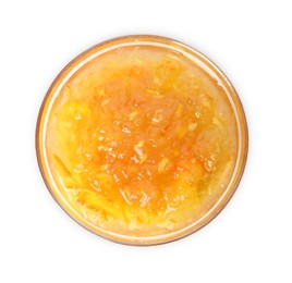 Delicious kumquat jam in bowl on white background, top view