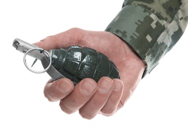 Photo of Soldier holding hand grenade on white background, closeup. Military service