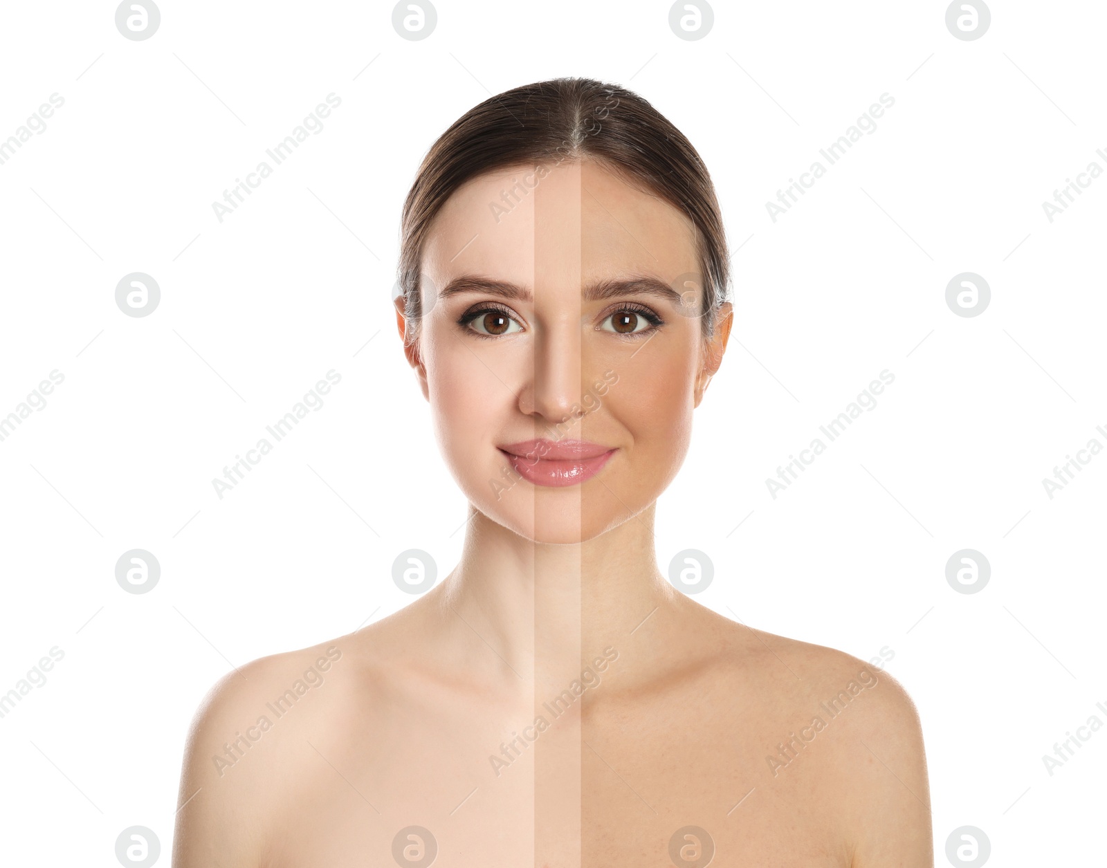 Image of Solarium tan. Combined portrait of woman with different skin tones on white background