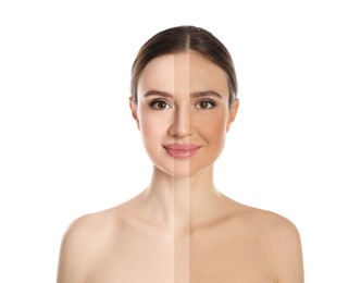 Solarium tan. Combined portrait of woman with different skin tones on white background