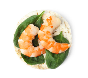 Photo of Puffed rice cake with shrimps and basil isolated on white, top view