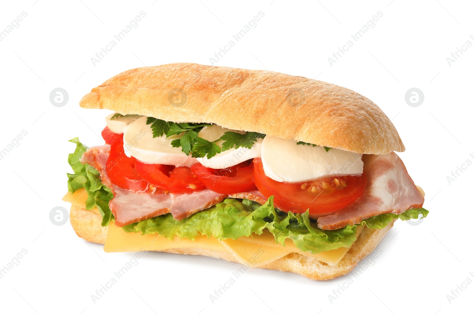 Photo of Delicious sandwich with fresh vegetables and mozzarella isolated on white