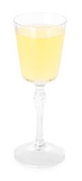 Photo of Liqueur glass with tasty limoncello isolated on white