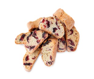 Photo of Slices of tasty cantucci with berry on white background, top view. Traditional Italian almond biscuits