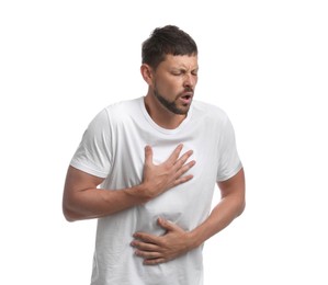 Photo of Man suffering from pain during breathing on white background