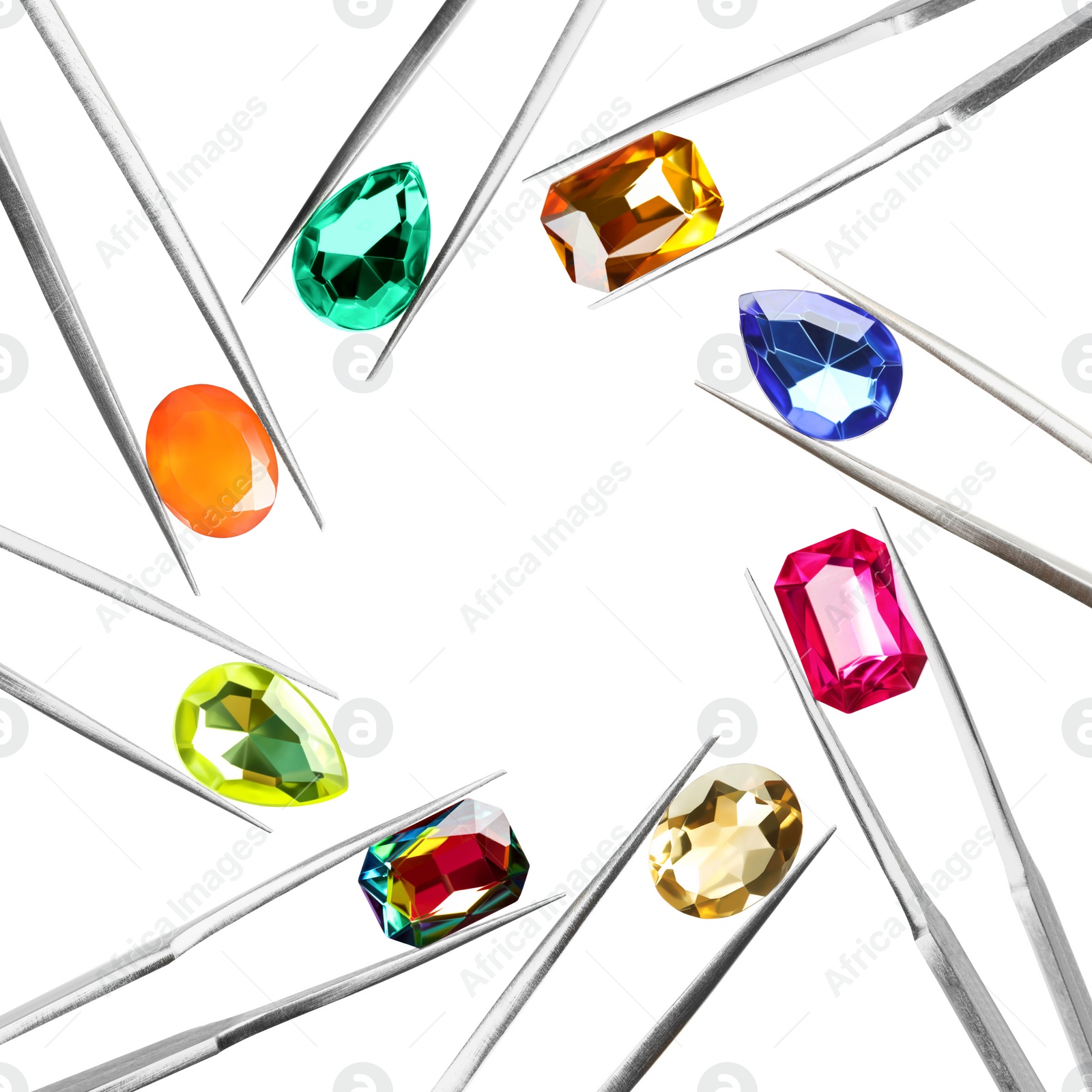 Image of Frame of tweezers with different shiny gemstones on white background