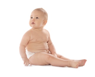 Photo of Cute little baby on white background. Crawling time