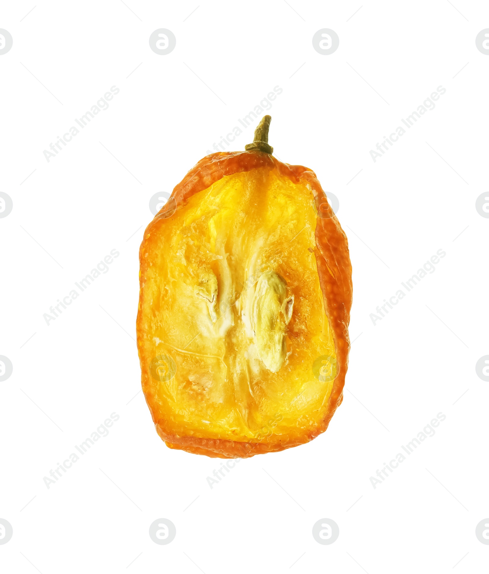 Photo of Half of dried delicious kumquat fruit isolated on white