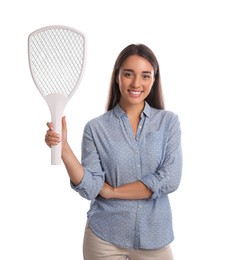 Photo of Young woman with electric fly swatter on white background. Insect killer
