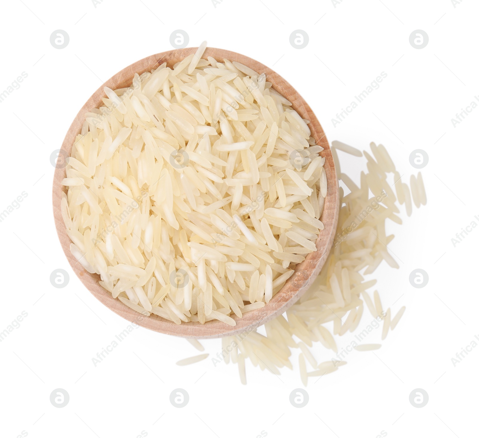 Photo of Raw rice in bowl isolated on white, top view