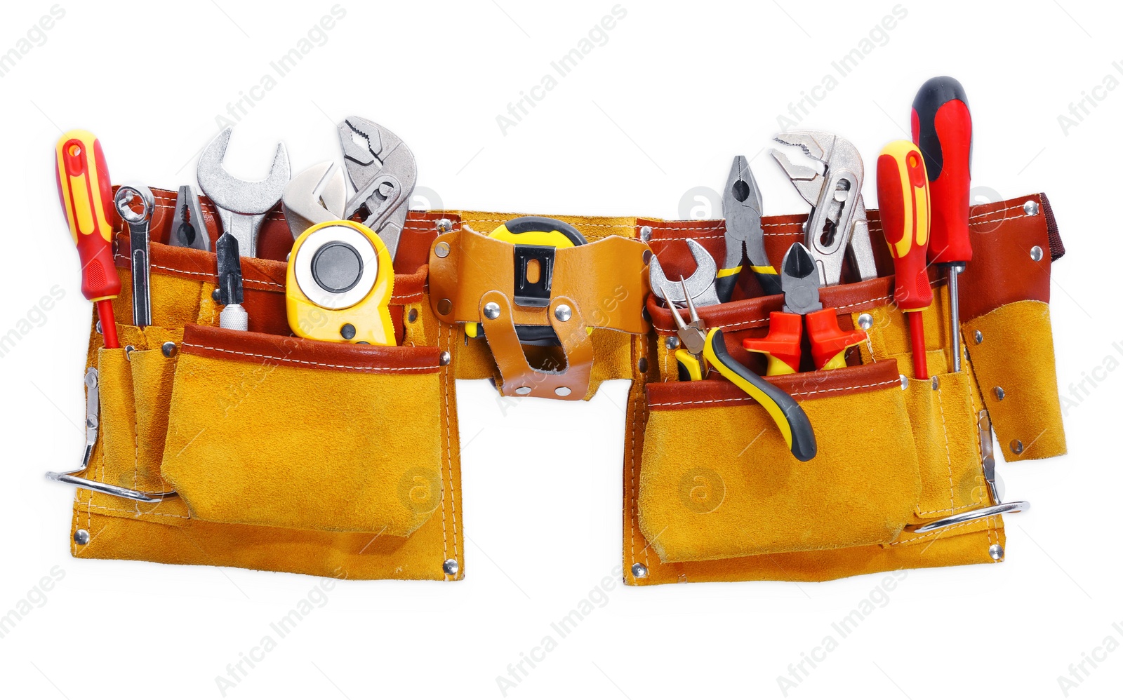 Photo of Belt with different tools isolated on white, top view