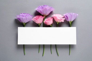 Photo of Beautiful Eustoma flowers and card on gray background