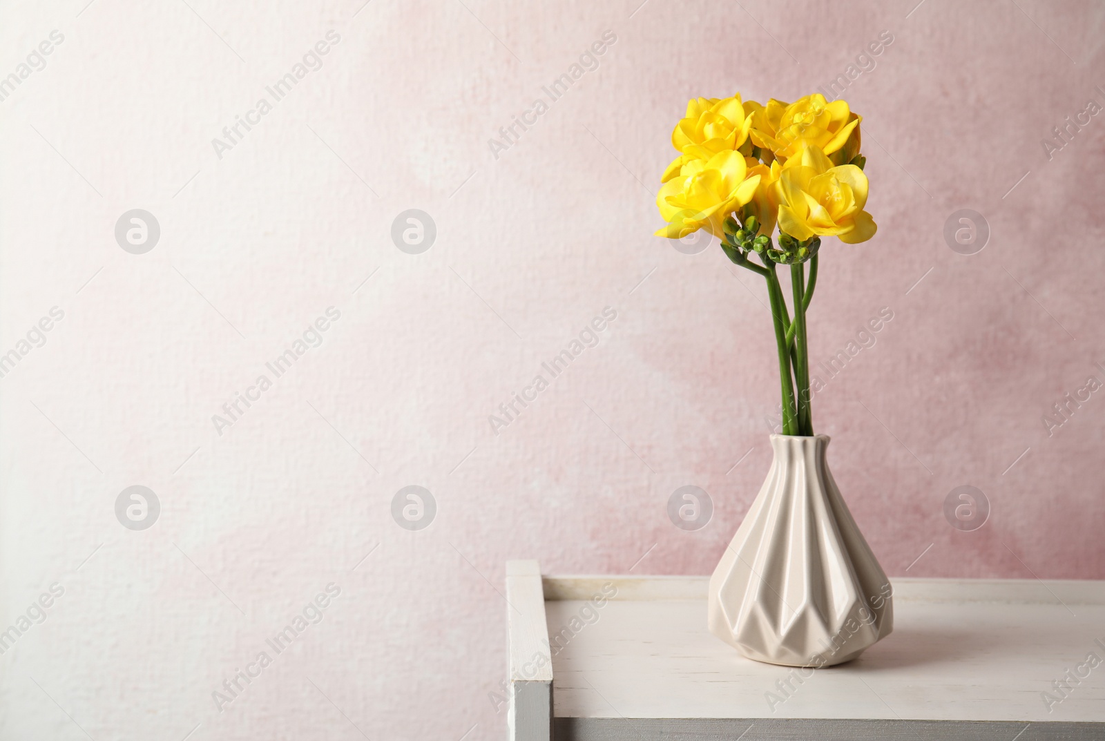 Photo of Bouquet of spring freesia flowers in vase on color background. Space for text