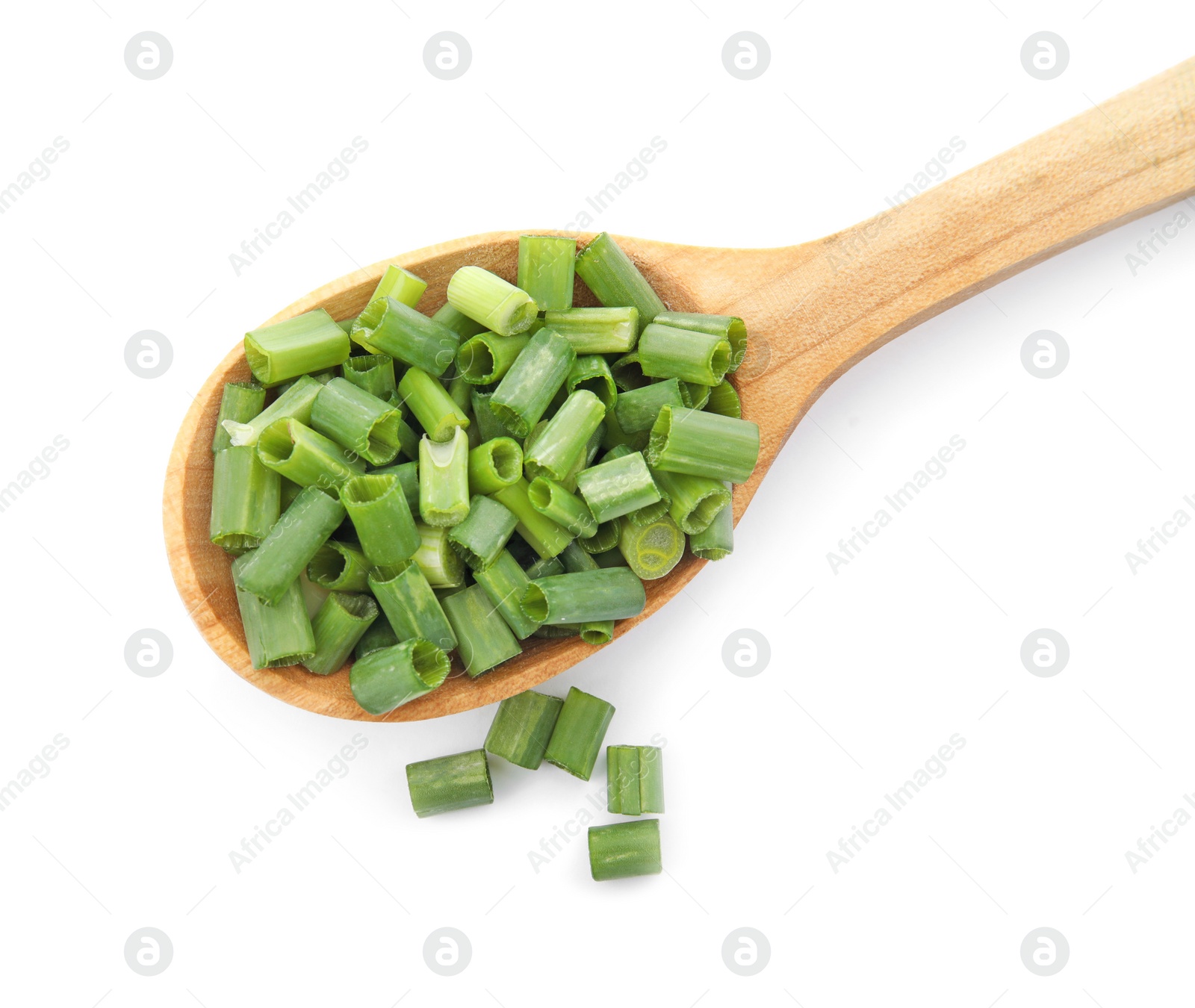 Photo of Spoon with chopped green onion on white background, top view