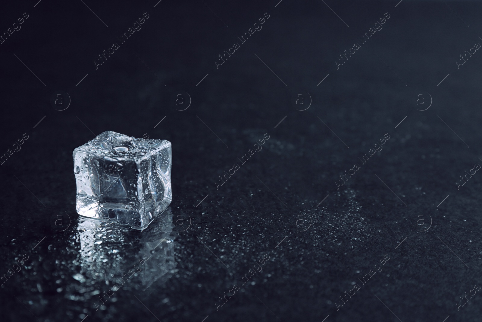 Photo of Crystal clear ice cube with water drops on black background. Space for text