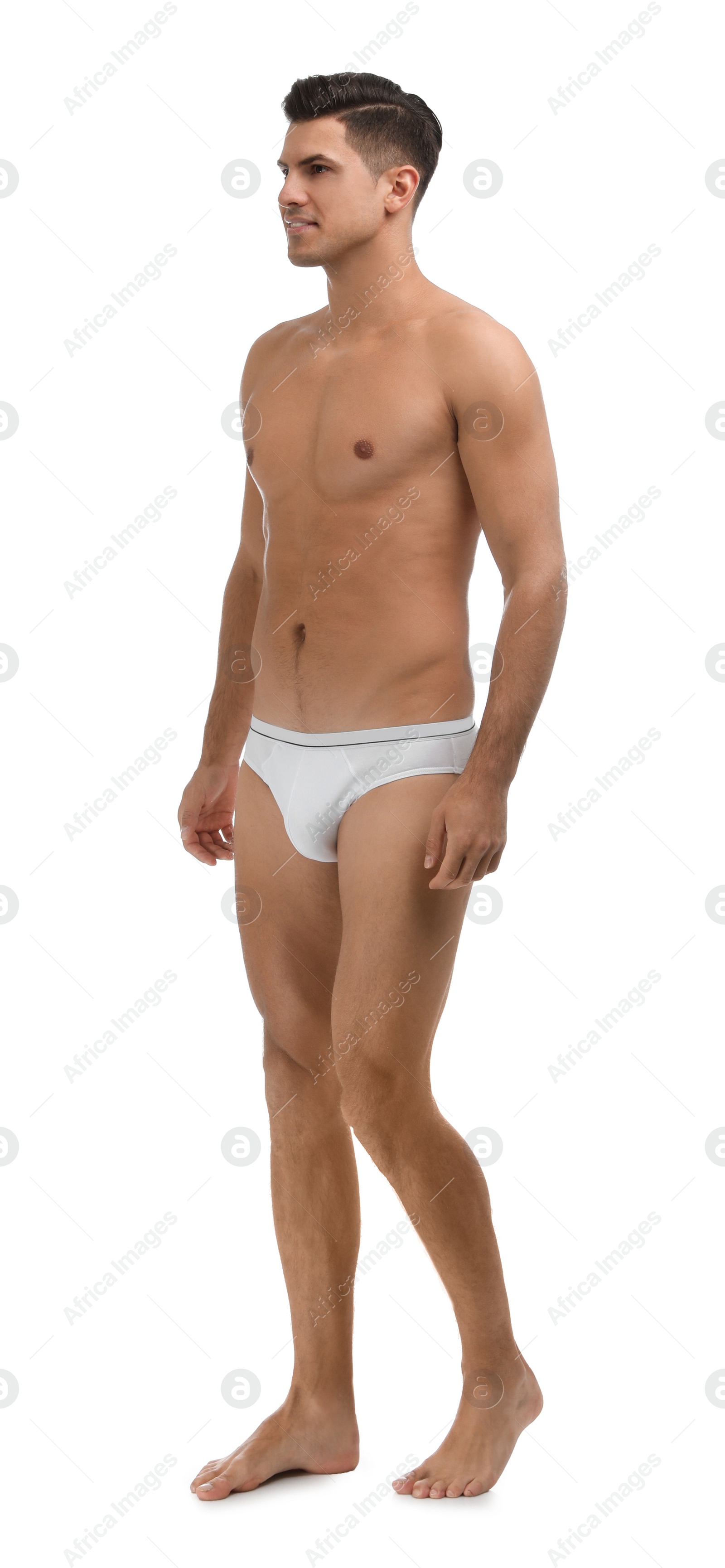 Photo of Handsome man in underwear on white background