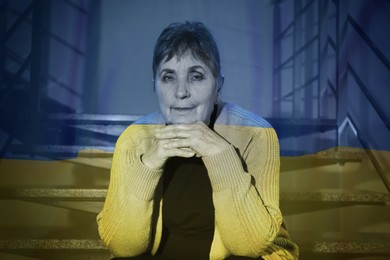 Double exposure of national flag and senior woman sitting on stairs. Stop war in Ukraine