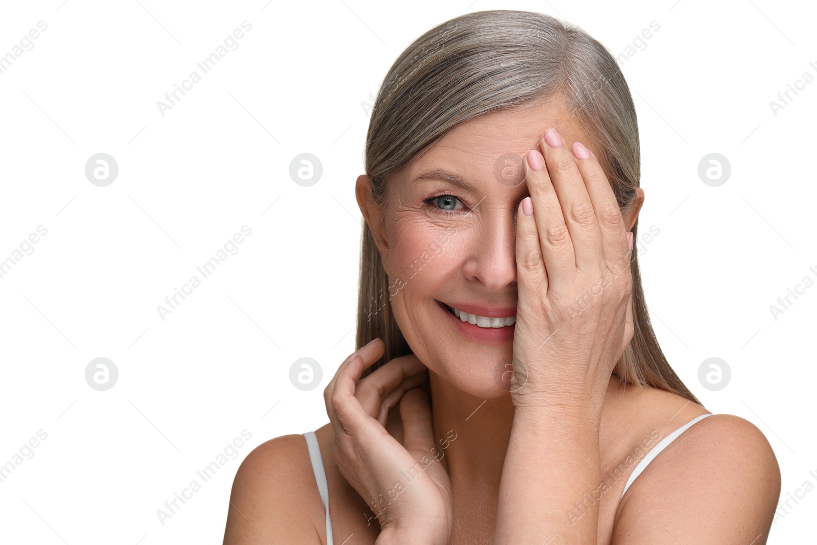 Photo of Beautiful mature woman with healthy skin on white background