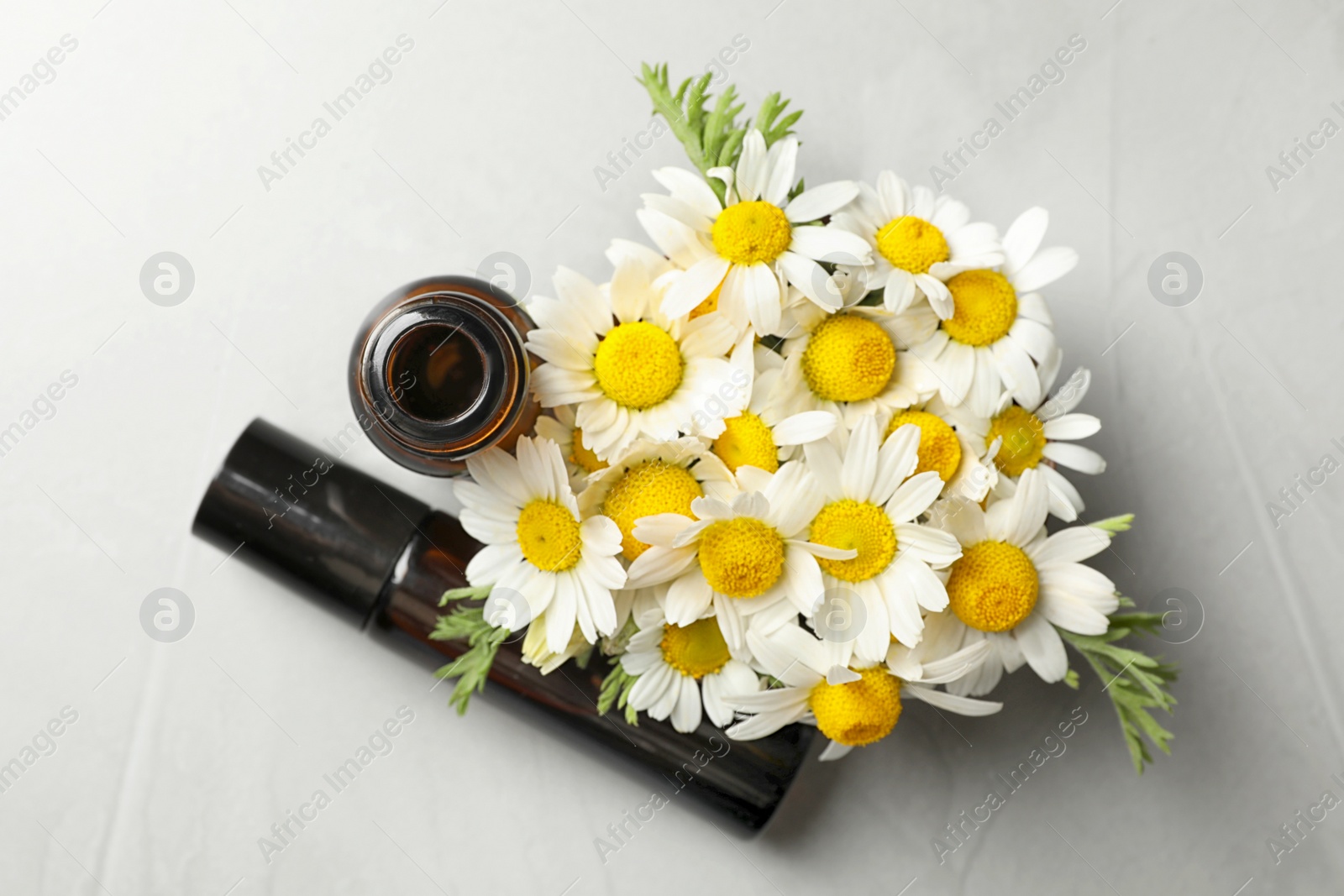Photo of Flat lay composition with bottles of chamomile essential oil on grey background