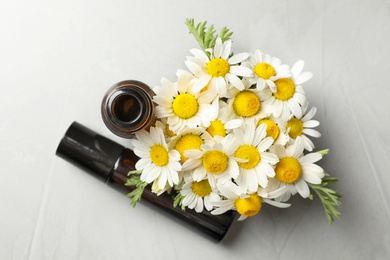 Flat lay composition with bottles of chamomile essential oil on grey background