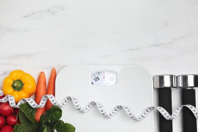 Photo of Flat lay composition with scales and vegetables on white marble table, space for text