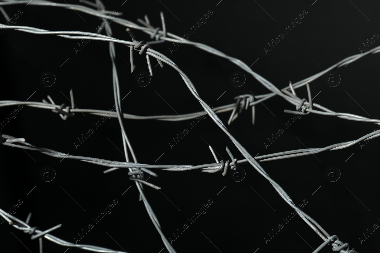 Photo of Shiny metal barbed wire on black background