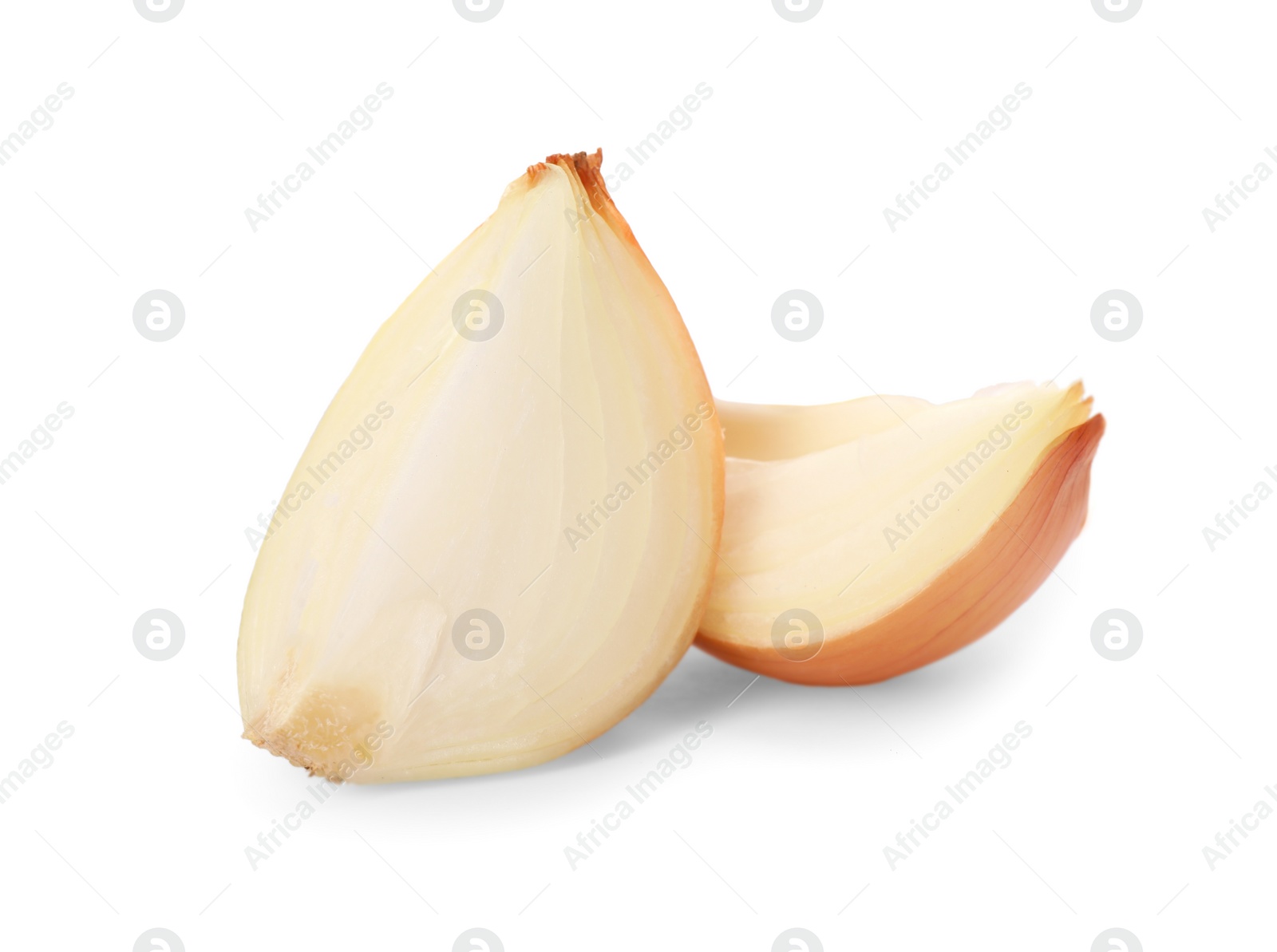 Photo of Pieces of fresh onion on white background