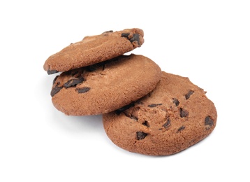 Delicious chocolate chip cookies on white background