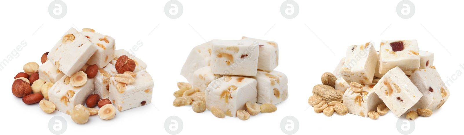 Image of Piles of delicious nougat on white background, collage design