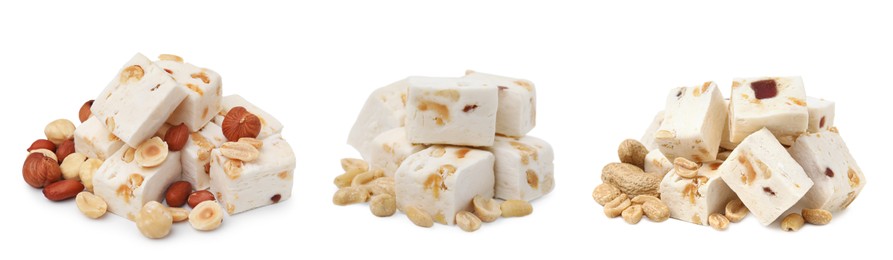 Image of Piles of delicious nougat on white background, collage design