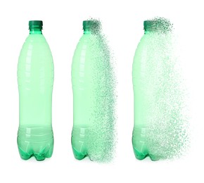 Empty green bottle vanishing on white background, set. Plastic decomposition