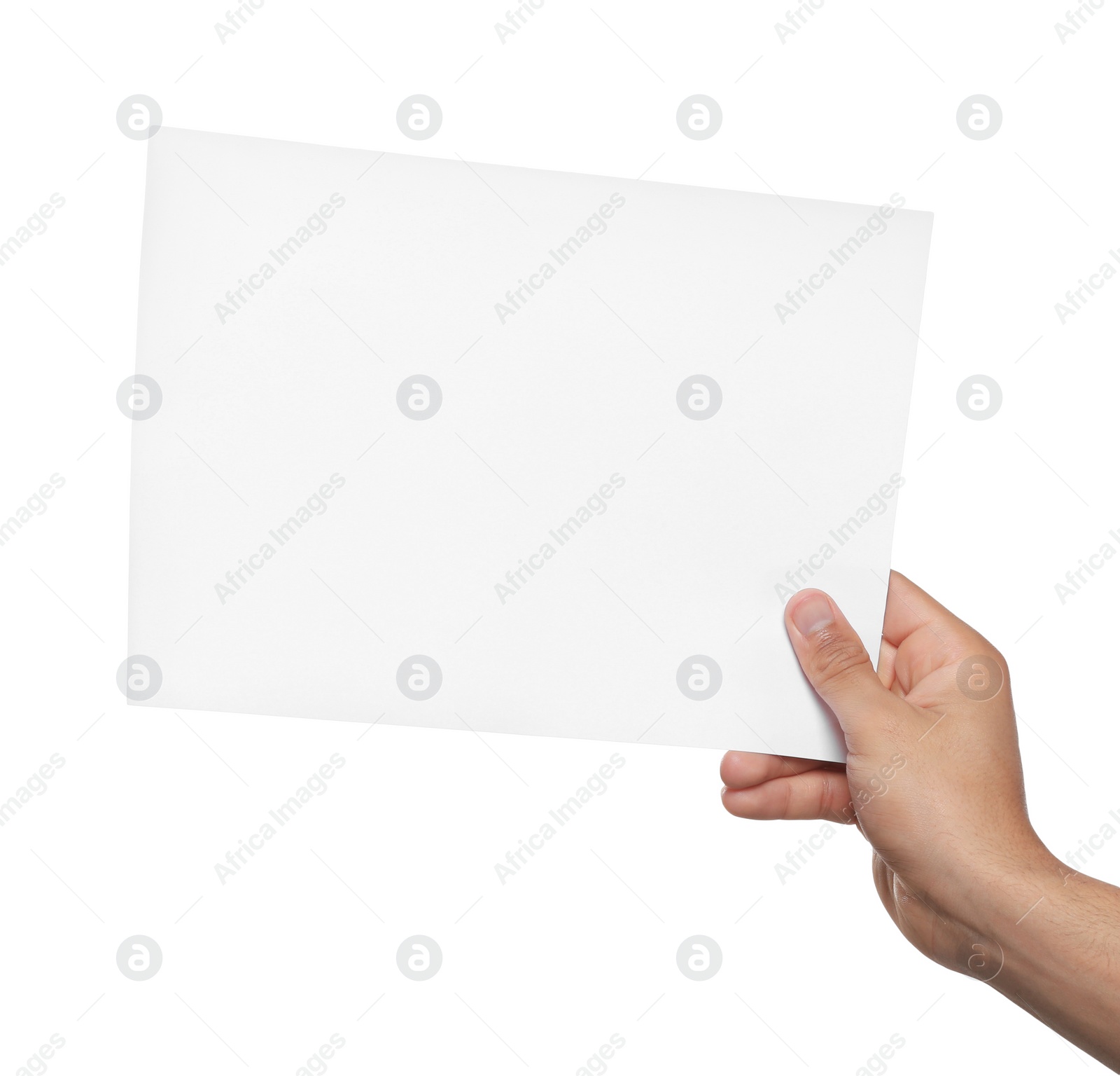 Photo of Man holding sheet of paper on white background, closeup. Mockup for design