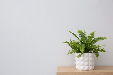 Photo of Beautiful fern in pot on wooden table, space for text
