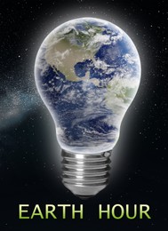 Image of Take care of your home. Words Earth Hour and light bulb with planet surface in open space